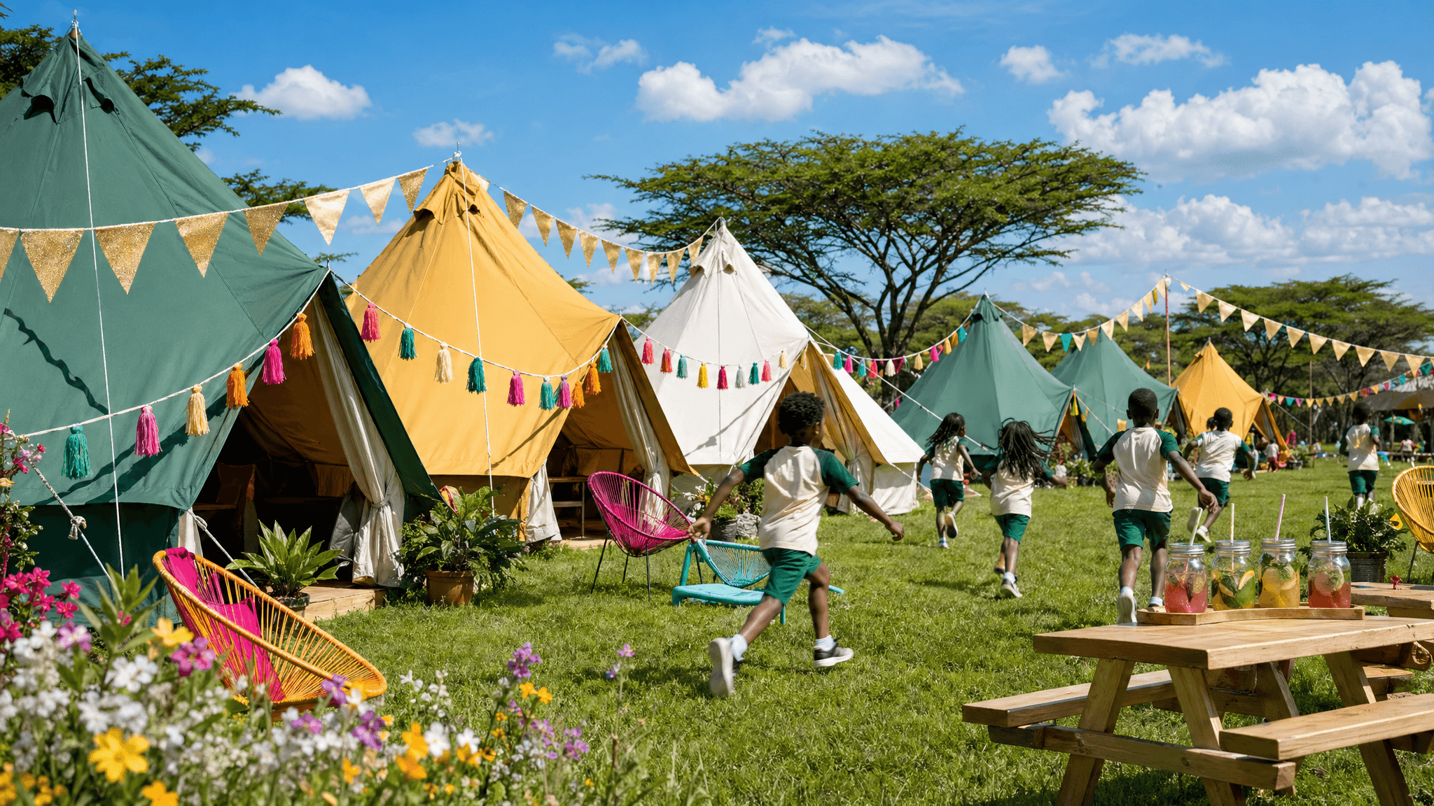 Children running between forest-green tents at a Children's Day camp in the Abuja savanna at golden hour