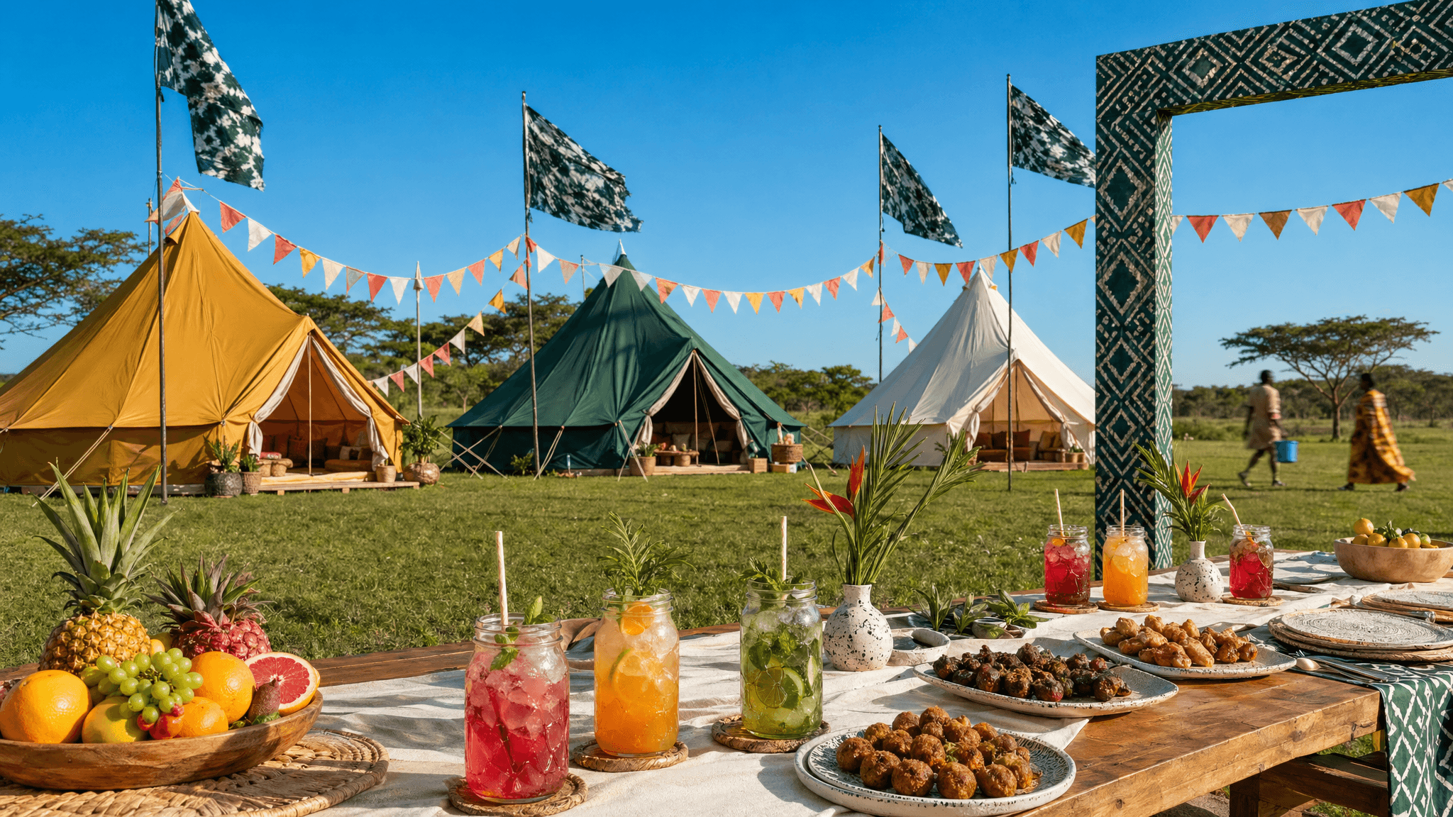 Forest-green camp tents with cream and gold flags beside a wooden welcome arch and mocktail bar in the Abuja savanna