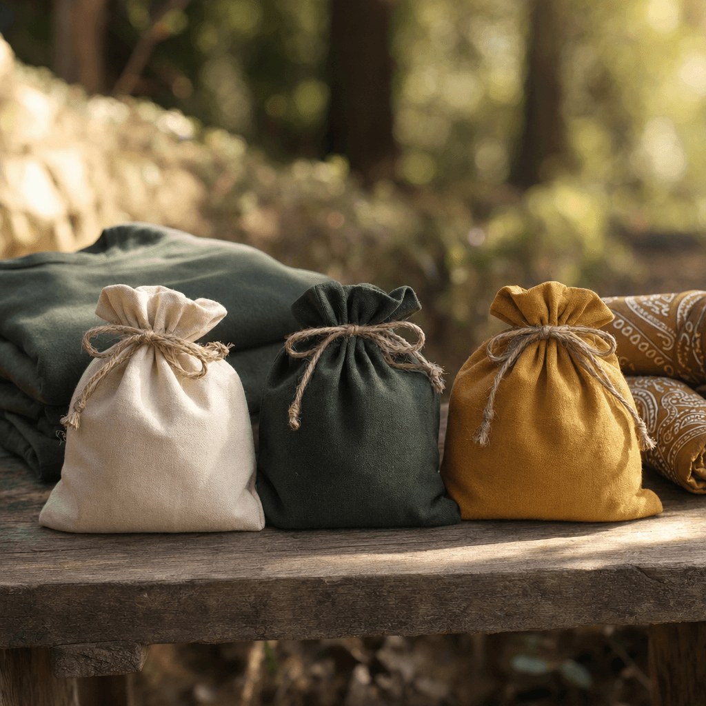 Three cotton drawstring goodie bags in cream, forest green, and warm gold lined up under dappled tree shade