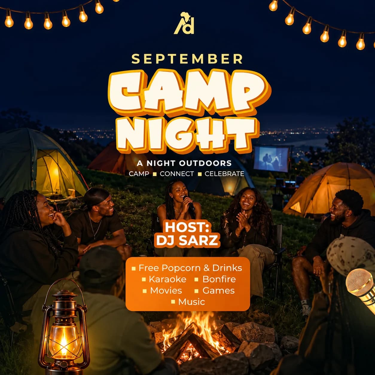 September Camp Night: tents lit from within on a hillside at night, with a bonfire and friends gathered around it