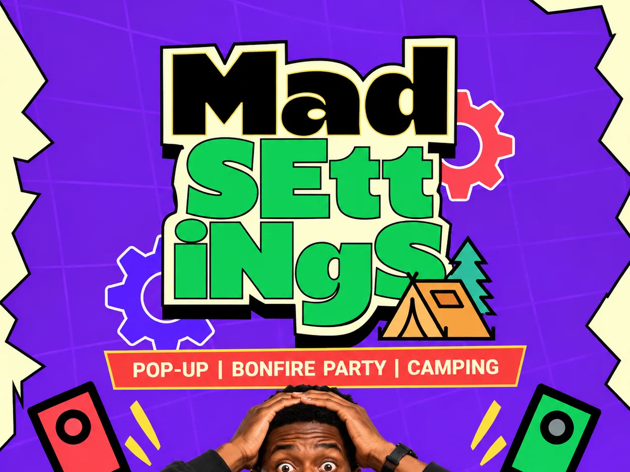 MAD Settings cover: the title in bold black and green lettering on purple, with a small tent, gears and the strip "Pop-up, bonfire party, camping", above a man holding his head in surprise