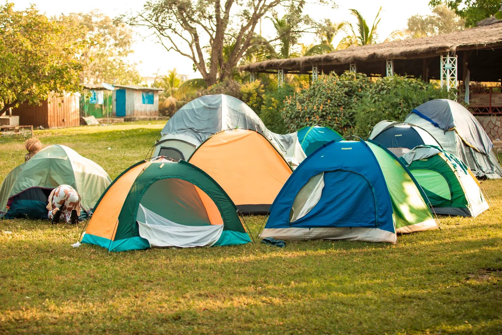 A row of pitched dome tents in green, orange and blue on a lawn in late-afternoon light