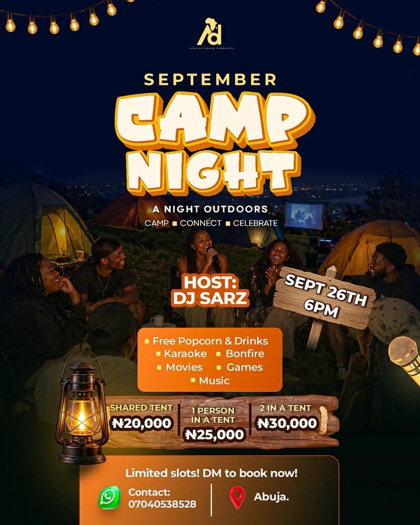 September Camp Night flyer listing the date, 6pm start, host DJ SARZ, the activity list and the three tent prices