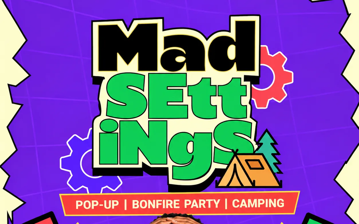MAD Settings cover: the title in bold black and green lettering on purple, with a small tent, gears and the strip "Pop-up, bonfire party, camping", above a man holding his head in surprise