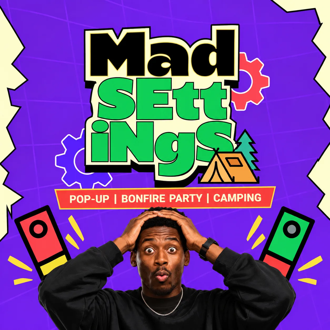 MAD Settings cover: the title in bold black and green lettering on purple, with a small tent, gears and the strip "Pop-up, bonfire party, camping", above a man holding his head in surprise